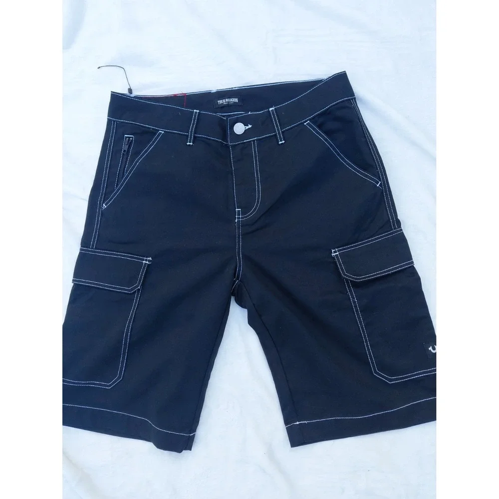 New True Religion Men's Black Denim Cargo Shorts Contrast Stitch Zip Baggy Skate
